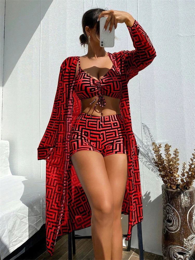 2026 Women’s Bikini Set – Lattice Sling Top with Sexy Boxer Shorts, Long Sleeve Summer Swimwear, Beach Bathing Suit
