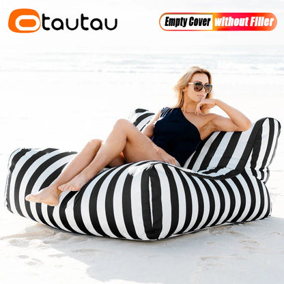 OTAUTAU Outdoor Striped Bean Bag Pouf Cover – No Filler Floating Sofa Bed for Pool, Beach & Garden Lounge