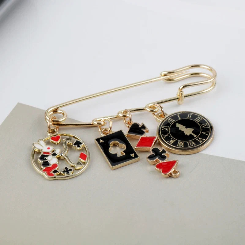 Alice in Wonderland Brooch - Cute Enamel Rabbit, Clock and Poker Shape Pins for Bags, Hats and Clothing