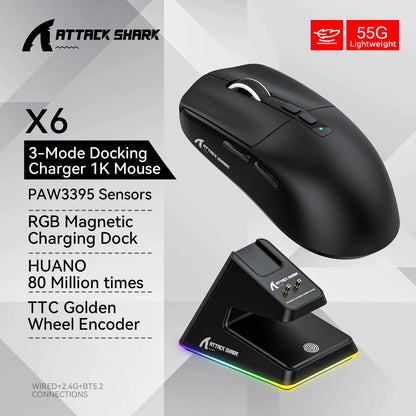 Attack Shark X6 PAW3395 Bluetooth Gaming Mouse — Tri-Mode Connection with RGB Touch, Magnetic Charging Base & Macro Functions