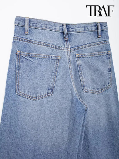 TRAF Women’s Basic Hundred Jeans — High Waist Asymmetric Wide-Leg Trousers, Casual Straight-Leg Fashion Jeans