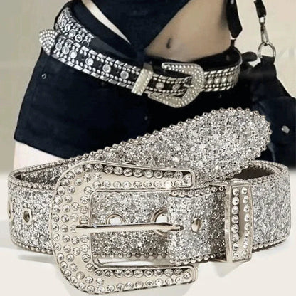 Y2K Women’s PU Leather Rhinestone Belt – Adjustable Glitter Crystal Waistband for Club & Party