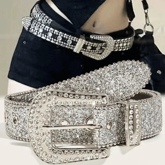 Y2K Women’s PU Leather Rhinestone Belt – Adjustable Glitter Crystal Waistband for Club & Party