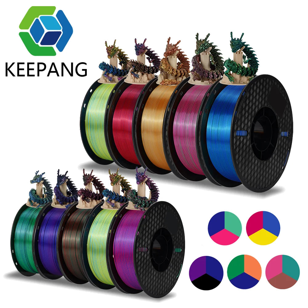 Tri-Color Dual-Color Silk Rainbow PLA Filament 1.75mm – Accurate +/-0.03mm, Compatible with Most FDM 3D Printers