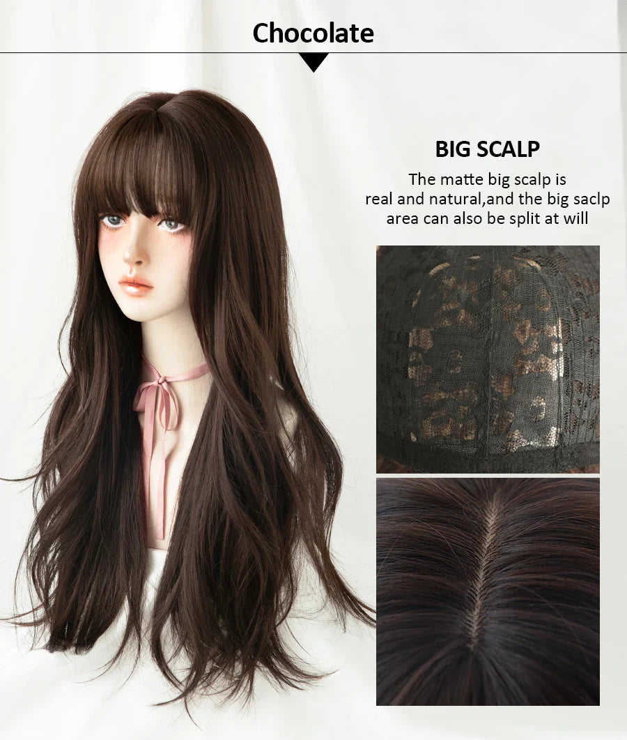 7JHH Brown Ash Long Deep Wave Lolita Wig for Women — Synthetic Hair with Bangs, Thick Curly Fashion Wig