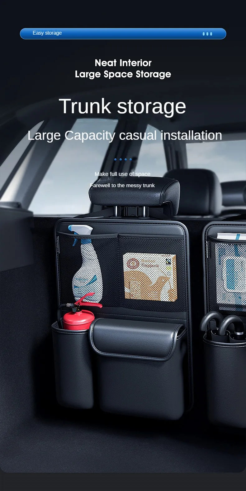 Car Trunk Leather Storage Bag – Foldable Seat Back Tools Organizer, UV-Protected Multifunctional Hanging Organizer for SUVs