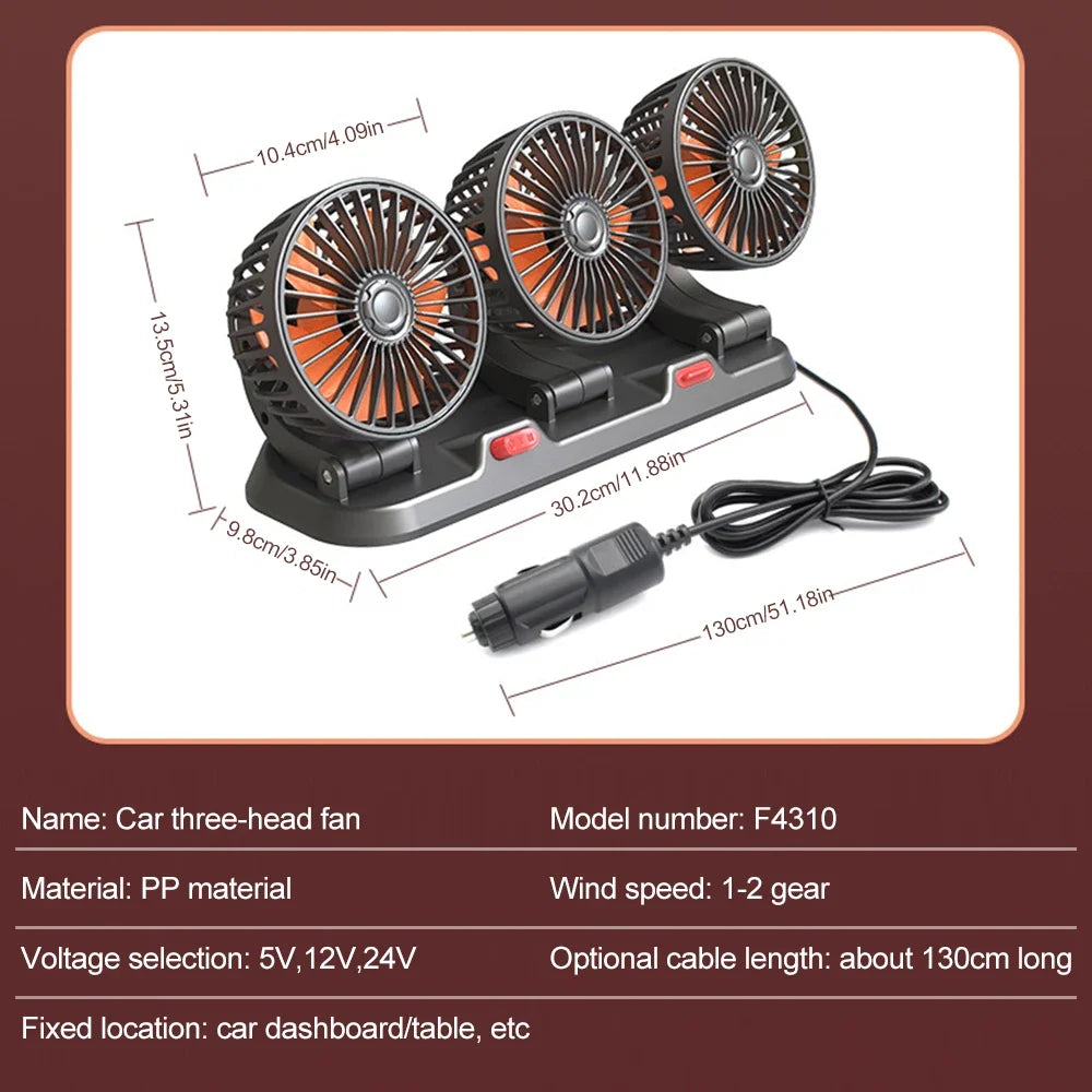 360° Adjustable Car Fan - 3-Head Automotive Electric Fan - USB/12V/24V - 2 Speeds - Silent Cooling for Home, Desk, Office & Car