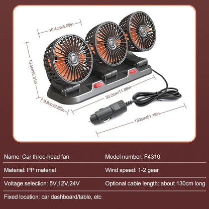 360° Adjustable Car Fan - 3-Head Automotive Electric Fan - USB/12V/24V - 2 Speeds - Silent Cooling for Home, Desk, Office & Car