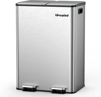 2 x 8 Gallon Stainless Steel Kitchen Trash & Recycling Bin – Dual Compartment with Soft-Close Lid