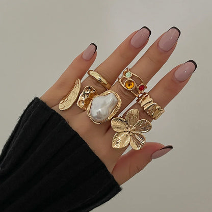 Ingemark 2025 Irregular Metal Flower Open Ring – Elegant Baroque Imitation Pearl Jewelry for Women