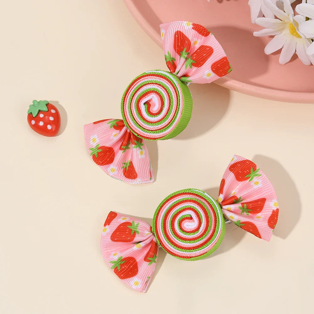 2-Piece Candy Bow Hair Clips – Sweet Strawberry & Heart Print Barrettes for Girls & Kids