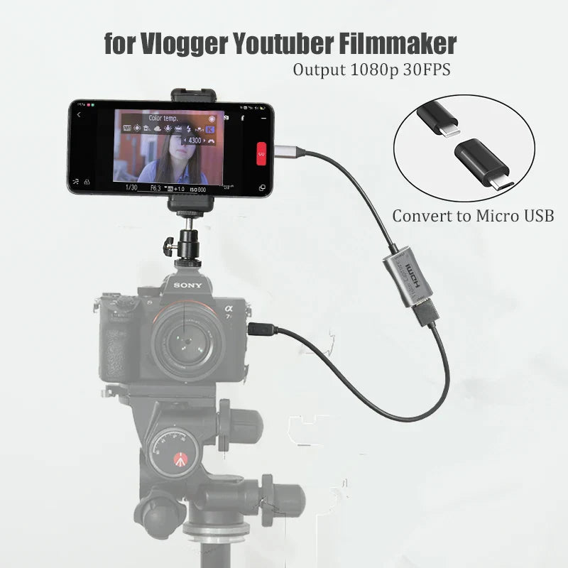 BFOLLOW Android Phone Tablet Camera Monitor HDMI Adapter - Ideal for Vloggers, YouTubers, Filmmakers - DSLR Video Capture Card