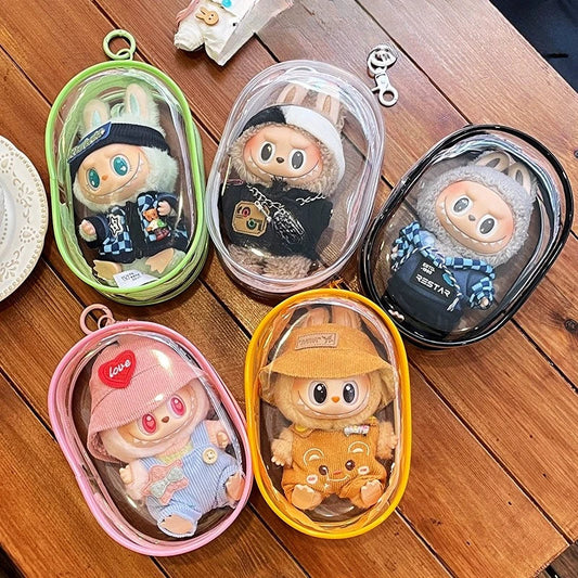 Transparent Labubu Doll Case — 15-17cm Organizer & Display Bag with Keychain, Outdoor Doll Accessories