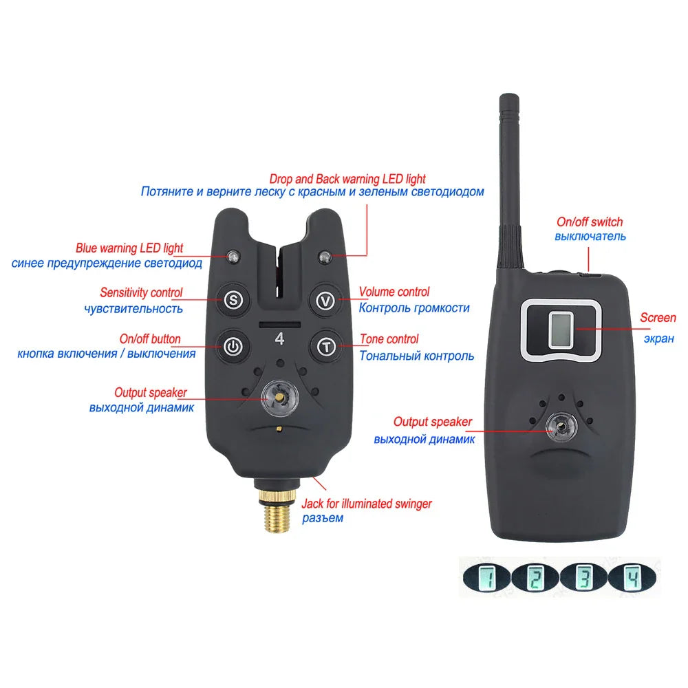 Wireless Fishing Bite Alarm 1+4 Set - Includes 4 Illuminated Swingers in EVA Case, Ideal for Carp Fishing B1203S