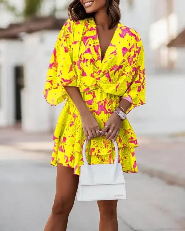 Women’s Sexy V-Neck Ruffle Mini Dress – Summer Boho Floral Batwing Sleeve Beach Party Dress
