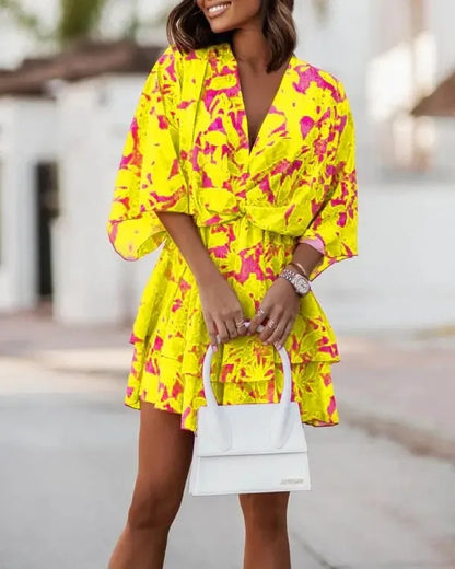 Women’s Sexy V-Neck Ruffle Mini Dress – Summer Boho Floral Batwing Sleeve Beach Party Dress