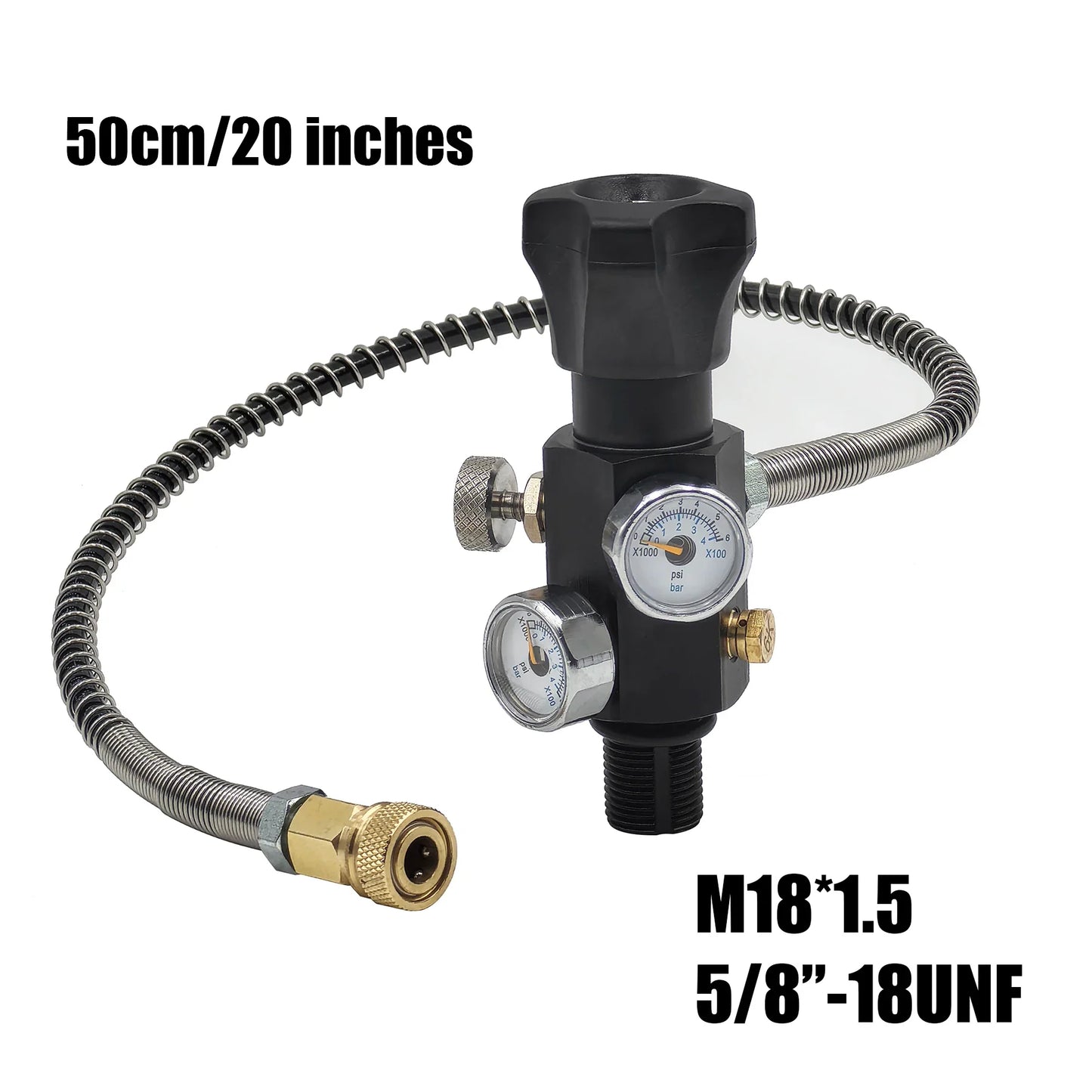 HPA Compressed Air Tank Charging Valve – Scuba Filling Station Hose with Gauge (20in, M18x1.5 or 5/8"-18UNF, 4500Psi/300Bar)