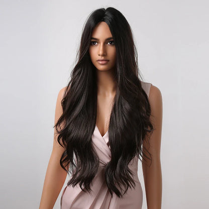 ALAN EATON Black Long Wavy Synthetic Wig – Natural Afro Hair, Middle Part, Heat-Resistant Fiber for Daily Use
