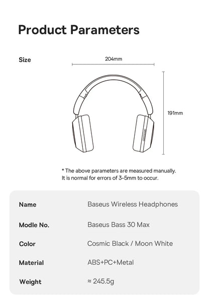 Baseus Bass 30 Max Wireless Headset - Bluetooth 5.3, Over-Ear Headphones, Bass-Enhancing 40mm Diaphragm, Ultra Low Latency, 50H Playtime
