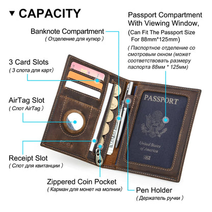 Genuine Cow Leather Passport Holder with AirTag Case – RFID Blocking Travel Wallet with Pen, Card Holder & Anti-Lost Pocket