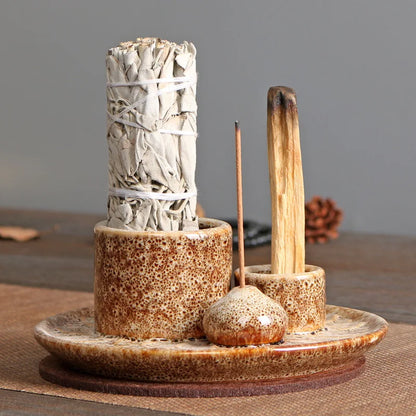 Ceramic Palo Santo Sticks Holder – 4 in 1 Incense Burner, Sage Holder & Ash Catcher Tray for Meditation & Yoga Room