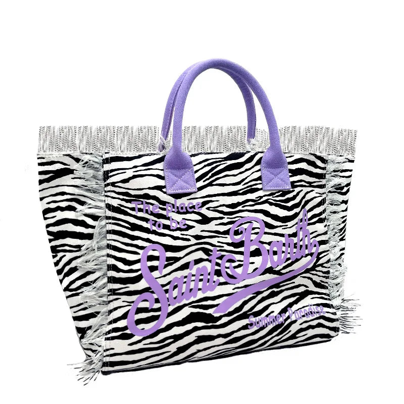 Saint Barth Large Capacity Women's Beach Handbag – European & American Style, Deep Blue Striped Tassel Tote