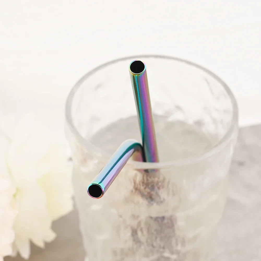 Colorful 304 Stainless Steel Reusable Straws Set — Metal Drinking Straws with Cleaning Brush for Cocktails & Glasses