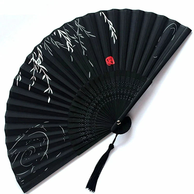 Bamboo Folding Fan with Silk — Chinese & Japanese Style Handheld Fan, Antique Art Craft for Summer Dance, Home Decor & Party
