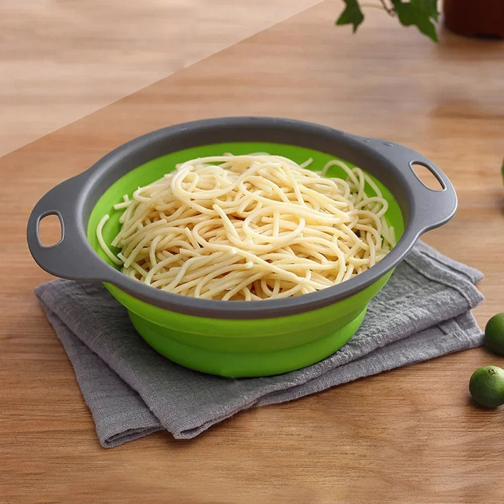 Foldable Silicone Colander - Round & Square Fruit Vegetable Washing Basket Strainer with Collapsible Drainer Handle, Essential Kitchen and Bar Tools