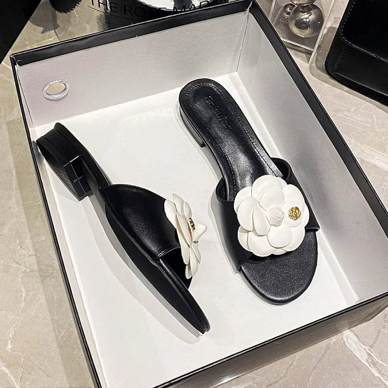 Luxury Women’s Flower Slippers — Camellia Open-Toe Slides for Home & Outdoor, Ladies Flip Flop Sandals
