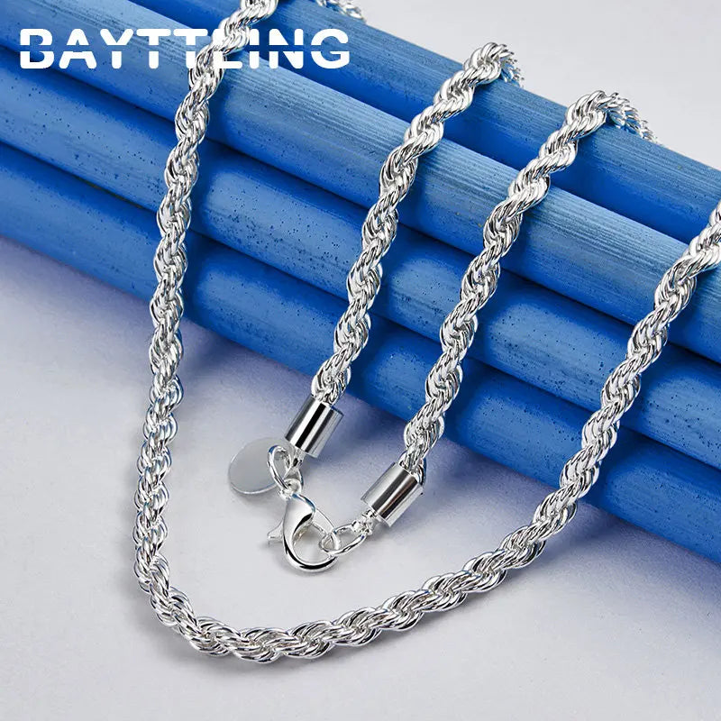 Charm 925 Sterling Silver Accessories — 4MM Rope Chain Necklace & Bracelet Set (40–60cm) for Men & Women, Fashion Wedding Gift Jewelry