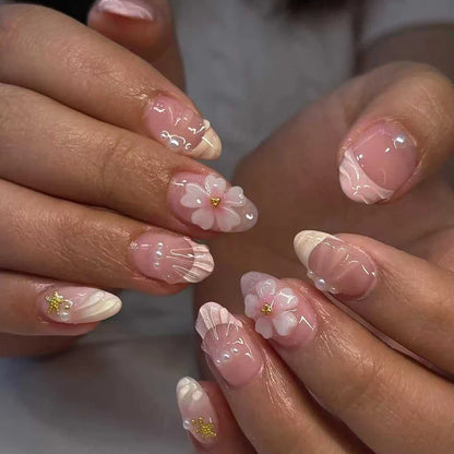 24pcs Short Oval 3D Gel Nail Stickers - Pearl Flower French Acrylic Press-On Nails for Easy Nail Art