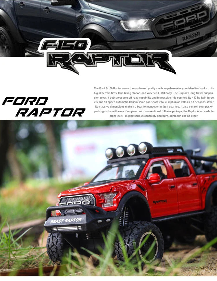 1:24 Diecast F150 Raptor Pickup Truck — Metal Model Car with Sound & Light for Kids Age 3+, Blue