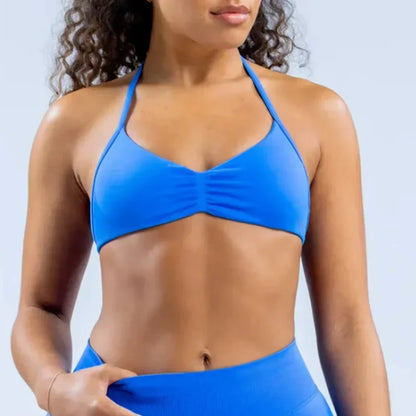 Impact Strappy Bra with Logo – Seamless Halterneck Yoga Top, Padded Gym Crop & Light Support Sports Bra