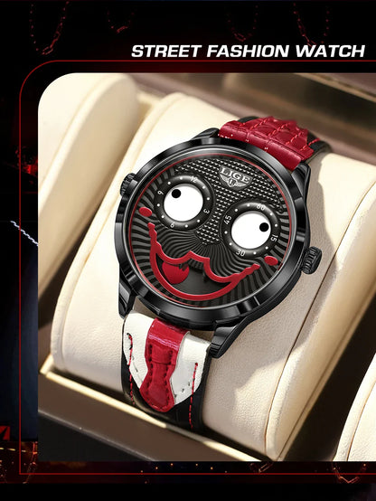 LIGE 2025 Men’s Creative Clown Quartz Watch – Waterproof Leather Strap Joker Fashion Wristwatch