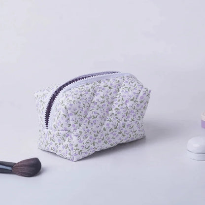 Floral Puffy Quilted Makeup Bag — Large Travel Cosmetic Organizer Pouch with Flower Print for Makeup Accessories