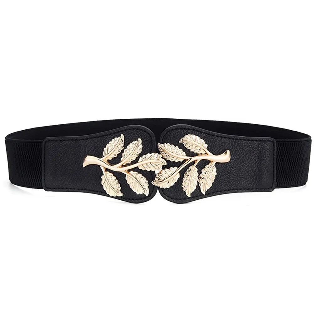 Women’s Wide Waist Belt – Gold Leaf Elastic with Double Hook Buckle, Fashionable Skirt Accessory