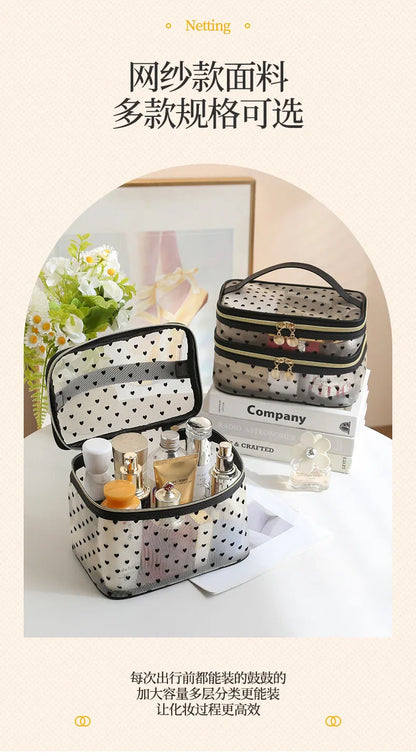 Double-Layer Black Mesh Cosmetic Bag – Large Capacity Travel Makeup Case Organizer with Zipper Toiletry Pouch