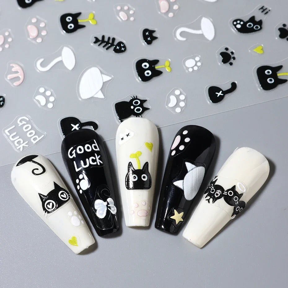2PCS 3D Black Cat Nail Stickers - Cute Cartoon Self-Adhesive Nail Art Decals for Manicure