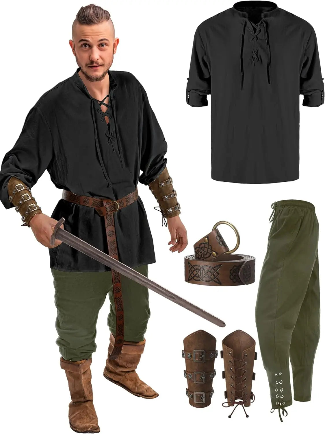 Jiuguva 4-Pcs Halloween Men's Renaissance Costume Set – Medieval Pirate Shirt, Ankle Banded Pants & Viking Belt Accessories