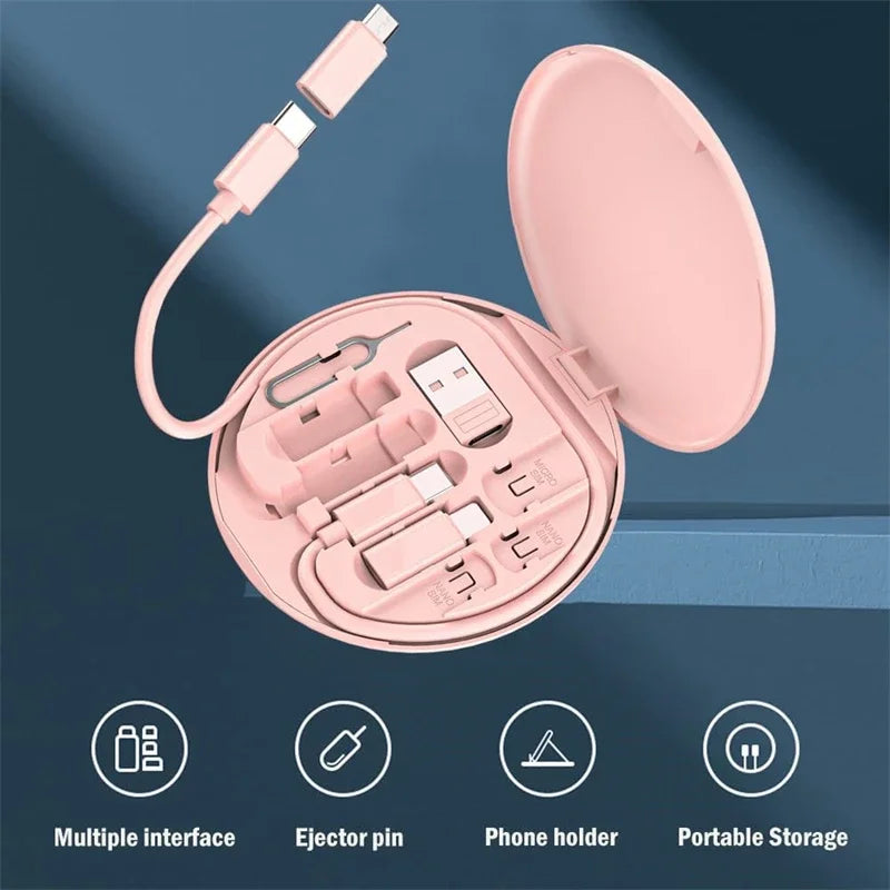 60W Multi-Type Charging Cable Kit – Type-C to USB-C, Micro USB, Lightning for iPhone 14/13/15 Pro, Includes Storage Box