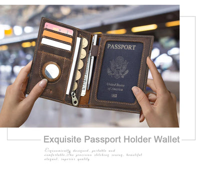 Genuine Cow Leather Passport Holder with AirTag Case – RFID Blocking Travel Wallet with Pen, Card Holder & Anti-Lost Pocket