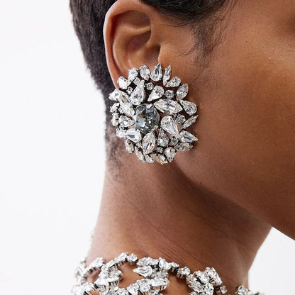 Fashion Round Clip Earrings – Geometric Bling Wedding Jewelry for Women, Rhinestone Clip-On Earrings, No Piercing Christmas Gift