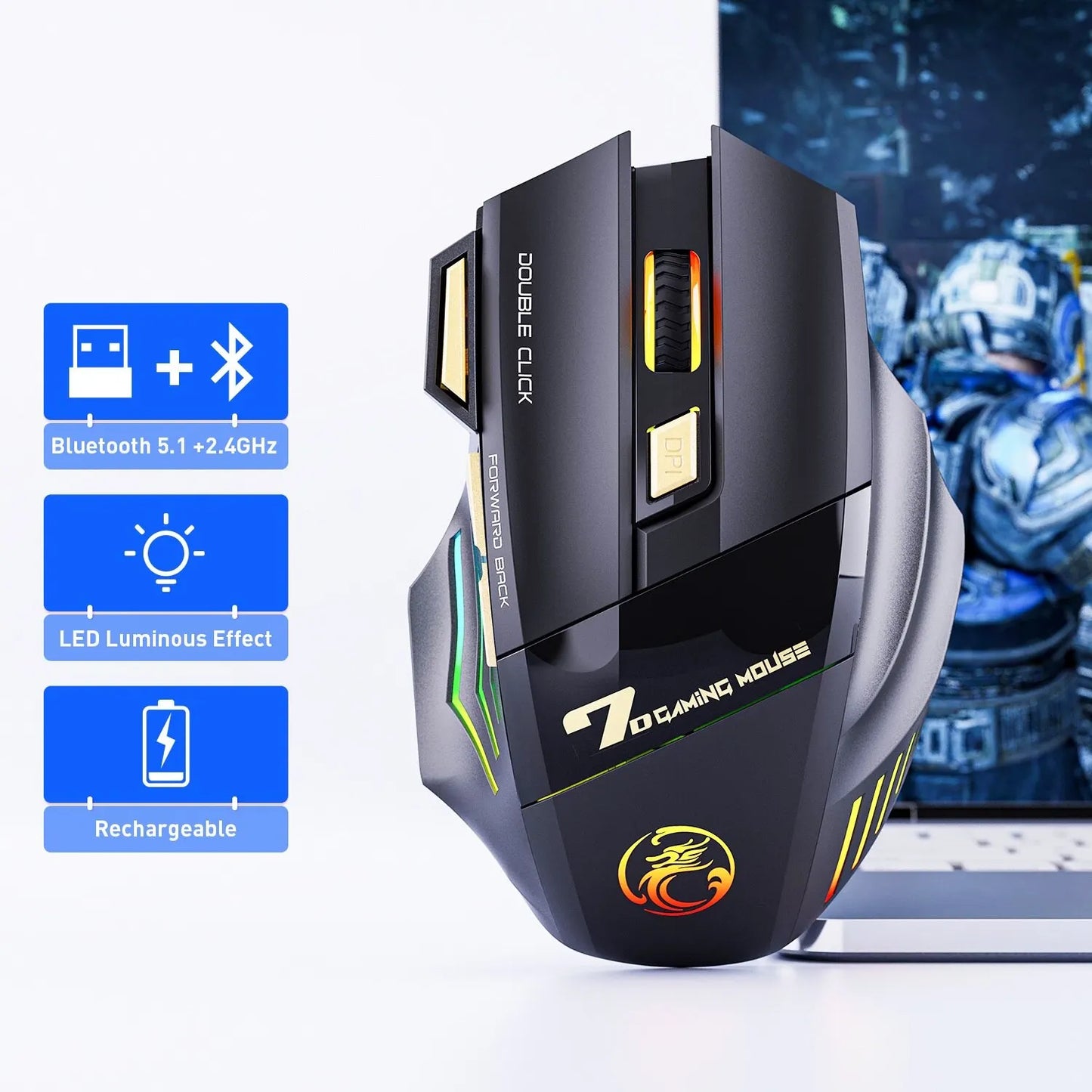 IMICE GW-X7 Wireless Gaming Mouse | 3200DPI, Dual Mode, Rechargeable, 7 Keys, Silent, Bluetooth, 7-Color LED