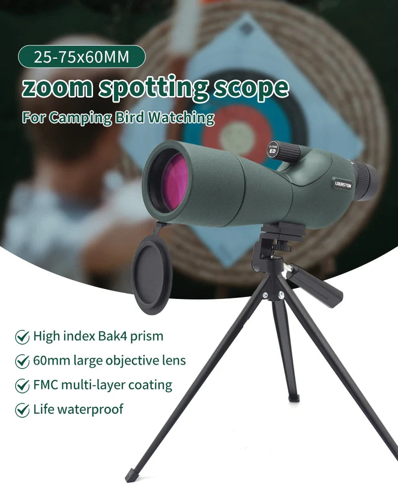 25–75x60 Zoom Spotting Scope – ED Lens Bak4 Prism Monocular Telescope for Bird Watching & Camping
