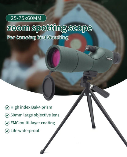 25–75x60 Zoom Spotting Scope – ED Lens Bak4 Prism Monocular Telescope for Bird Watching & Camping