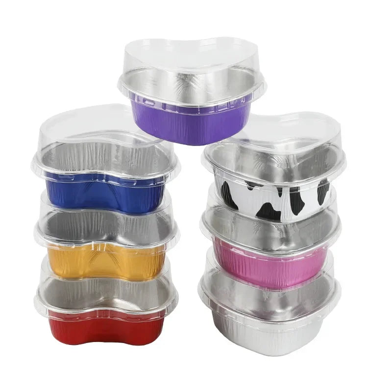 50Pcs 100ml Tin Foil Aluminum Pudding Cups with Lid - Heart-shaped Disposable Mini Mousse Cupcake Containers Baking Moulds