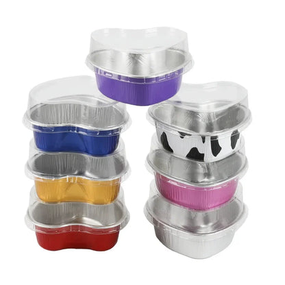 50Pcs 100ml Tin Foil Aluminum Pudding Cups with Lid - Heart-shaped Disposable Mini Mousse Cupcake Containers Baking Moulds