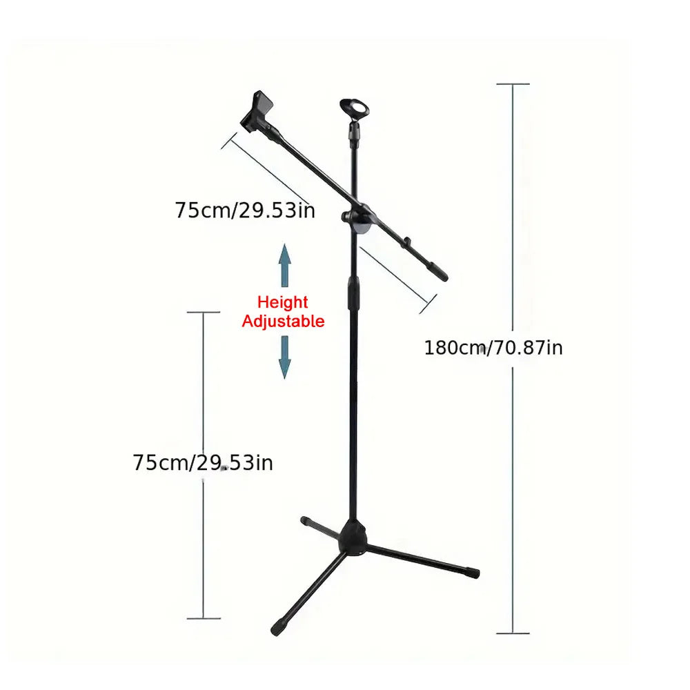 Adjustable Tripod Microphone Stand – Boom Mic Stand with Dual Mic Clip Holder, Collapsible Studio Mic Bracket for Recording & Live Use