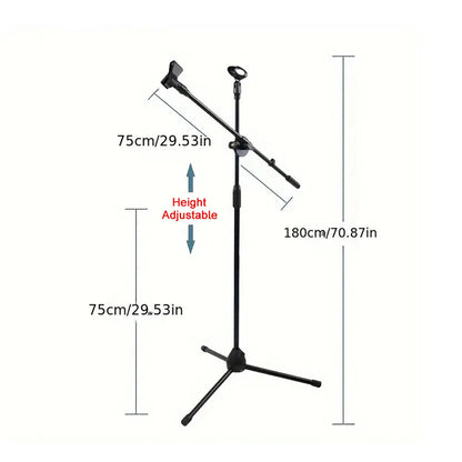 Adjustable Tripod Microphone Stand – Boom Mic Stand with Dual Mic Clip Holder, Collapsible Studio Mic Bracket for Recording & Live Use